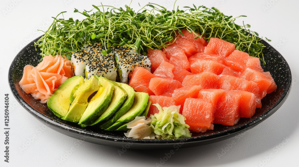 Appetizing_platter:_salmon_slices,_avocado,_pickled_ginger,_sprouts,_and_sushi_rolls,_presented_on_a_dark,_speckled_plate. Appetizing_platter:_salmon_slices,_avocado,_pickled_ginger,_sprouts,_and_sushi_rolls,_presented_on_a_dark,_speckled_plate.