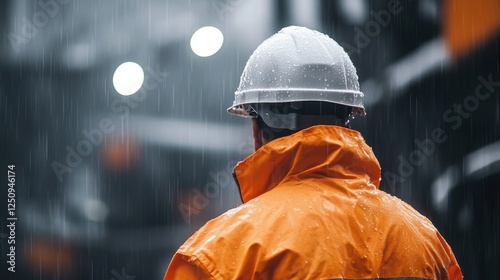 Construction worker in orange raincoat and hard hat working in the rain at a construction site
