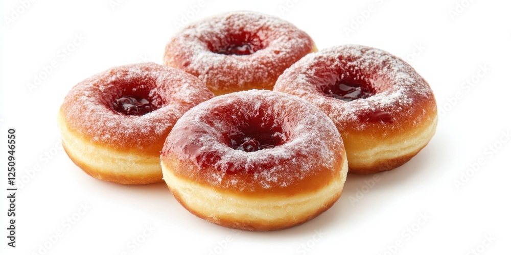 Freshly baked jelly donuts arranged on a white background ready to be enjoyed with a cup of coffee or tea Freshly baked jelly donuts arranged on a white background ready to be enjoyed with a cup of coffee or tea