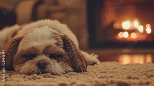 A peaceful Shih Tzu dog resting comfortably on a plush rug in a cozy living room with a warm fireplace glowing softly in the background photo