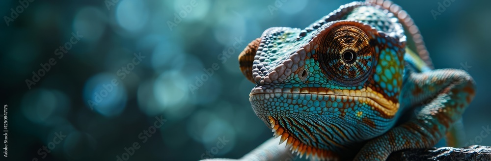 Fototapeta premium A close-up photograph of a chameleon, taken in a natural setting with a blurred background of colorful, leafy plants. the image is taken from a close up camera angle, focusing on the chamaleon's face.