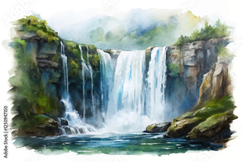 Serene waterfall scene, vibrant nature colors, watercolor painting style, tranquil landscape, outdoor beauty, artistic expression.