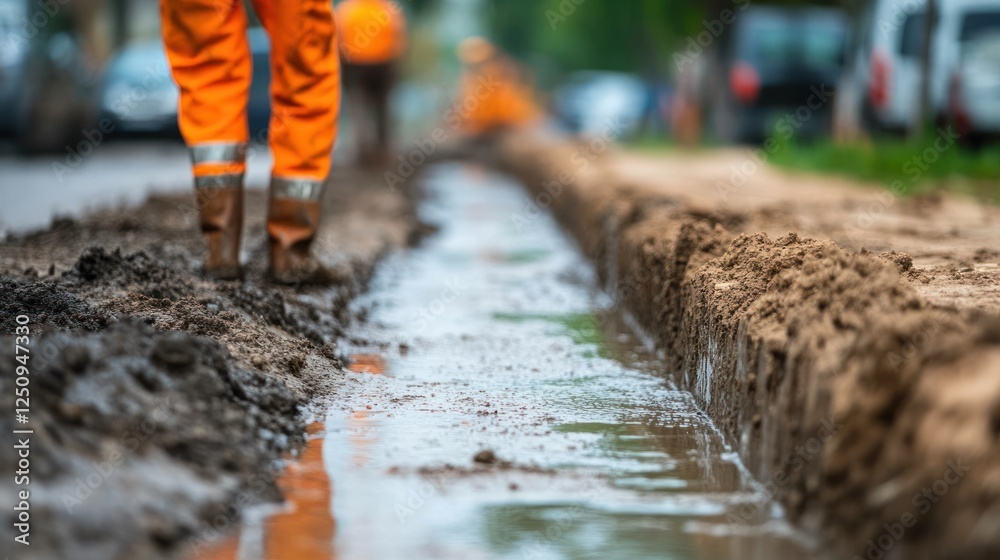 Naklejka premium Workers repair city street, muddy trench, traffic background, infrastructure project