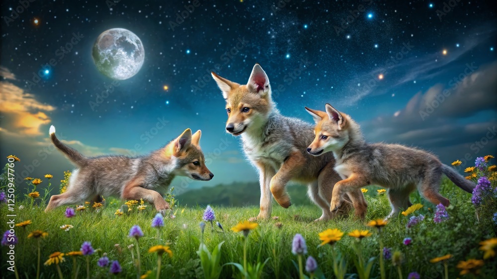 Fototapeta premium Playful Fox Cubs Frolicking in a Flower-Filled Meadow at Night