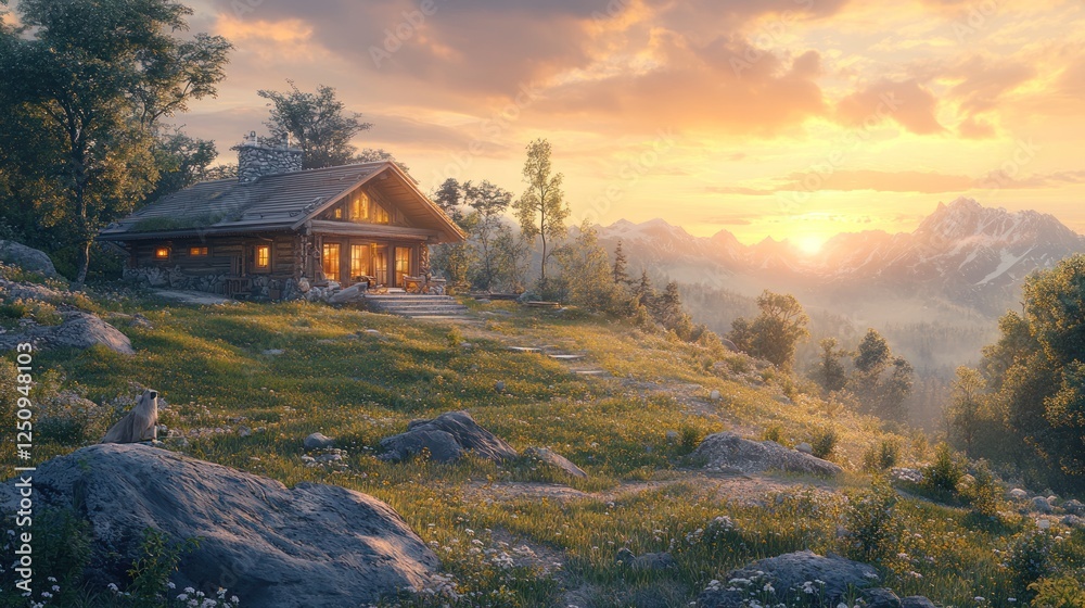 Mountain cabin sunset, idyllic alpine scene, peaceful retreat, nature background Mountain cabin sunset, idyllic alpine scene, peaceful retreat, nature background