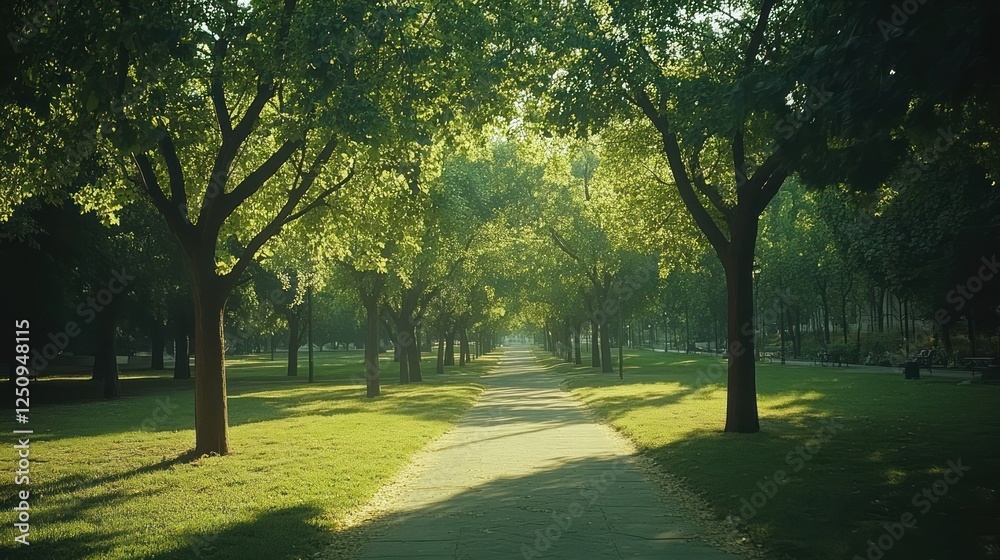 Sunlit park path, trees, morning mist, peaceful scene, nature Sunlit park path, trees, morning mist, peaceful scene, nature