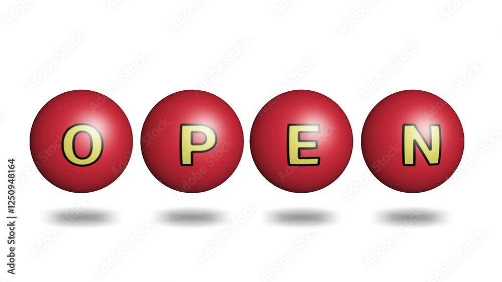 Open sign animation with 3d sphere ball red color on  white background