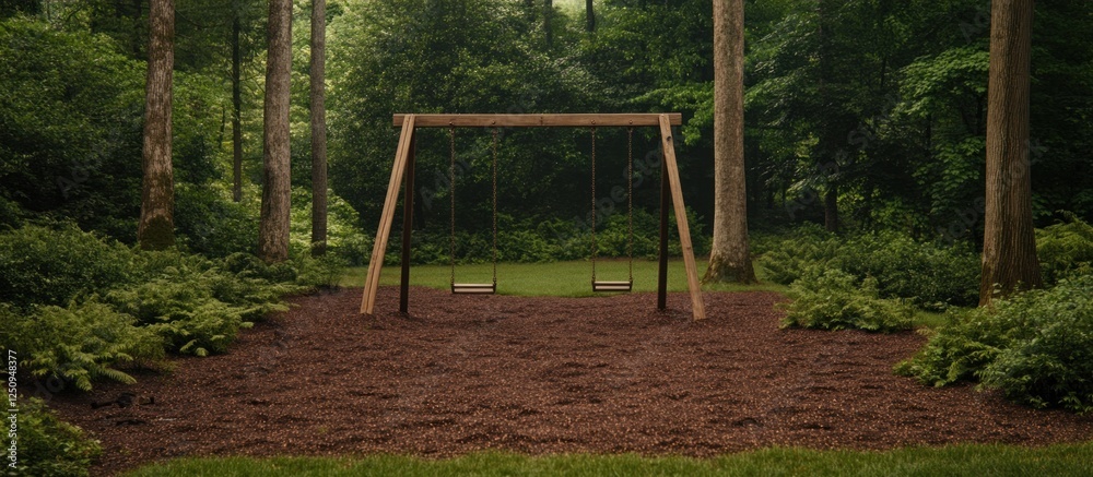 Empty swings in wooded backyard; mulch ground; misty forest Empty swings in wooded backyard; mulch ground; misty forest