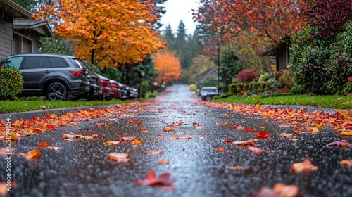 Colorful autumn leaves blanket a wet street lined with trees and parked cars