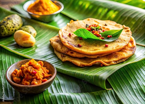 Authentic Sri Lankan Pol Roti and Lunu Miris: vibrant banana leaf setting, capturing culinary heritage. photo