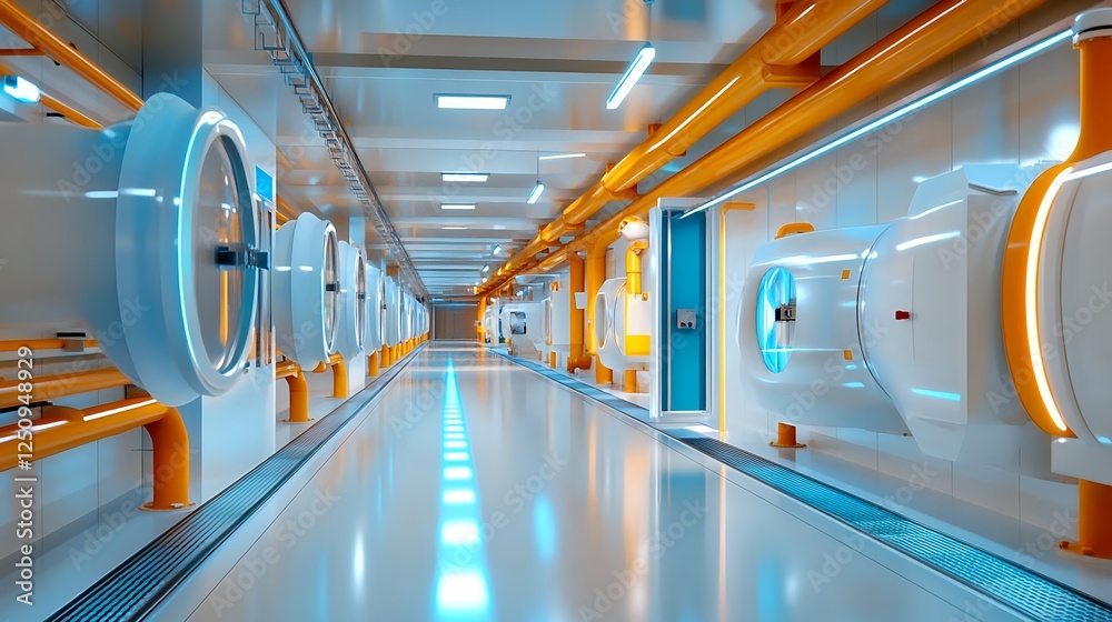 Obraz premium Futuristic Sci-Fi Corridor, Orange Pipes - Futuristic/Sci-Fi design