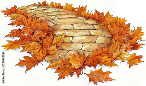 Wooden_planks_with_a_ring_of_fallen_autumn_leaves_in_shades_of_orange_and_yellow.