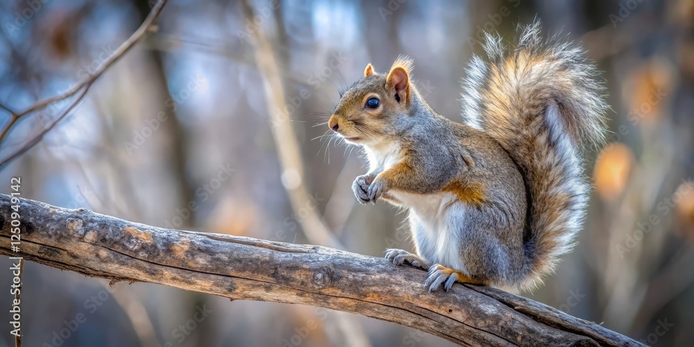 Fototapeta premium Squirrel Sitting on Branch in a Forest with Soft Morning Light