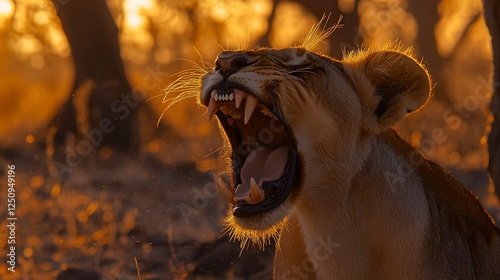 Yawning lioness at sunset in African savanna. photo