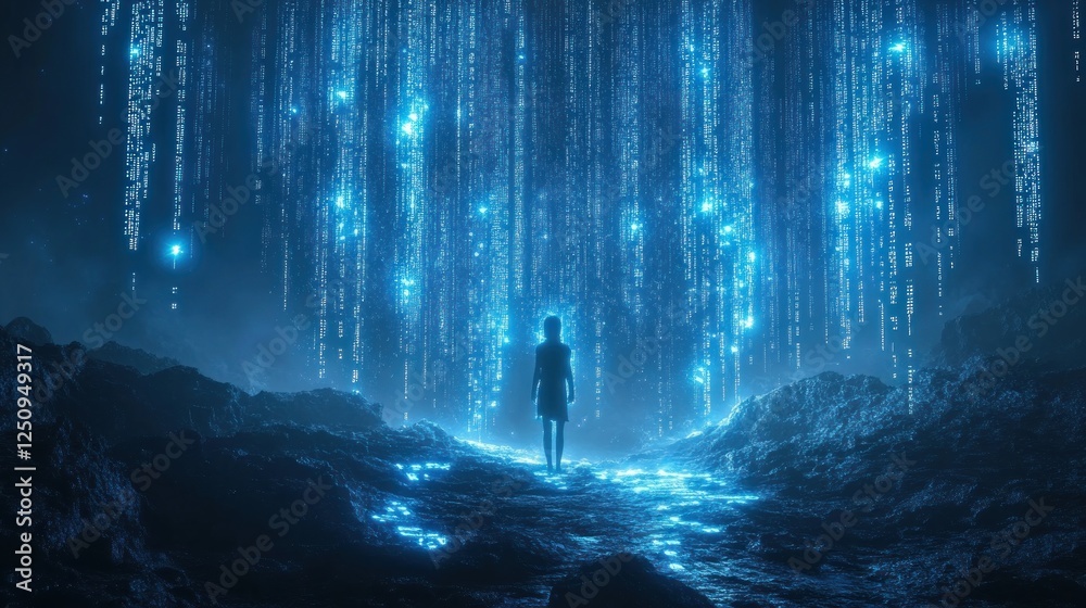 Obraz premium Woman walking towards digital rain in dark, rocky landscape; futuristic concept art