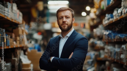 Confident businessman standing in warehouse.