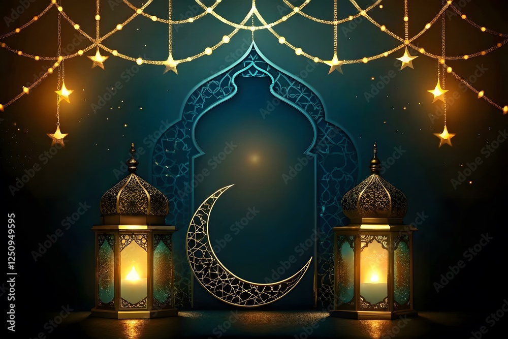 Fototapeta premium Ramadan Kareem Festive Celebration with Golden Lanterns and Crescent Moon