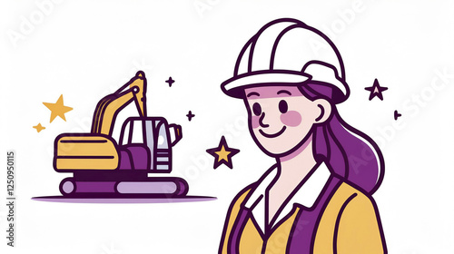 vector illustration construction worker woman wearing PPEs, machinery in the background., construction site. hard hat, safety glasses, safety boots. Personal protection equipment. architect, engineer
