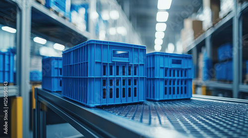 Blue delivery crates arranged on shelf in warehouse, ready for use