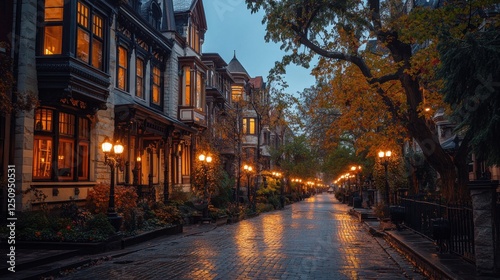 Autumn evening, city street, illuminated houses, wet cobblestones, fall leaves, travel brochure
