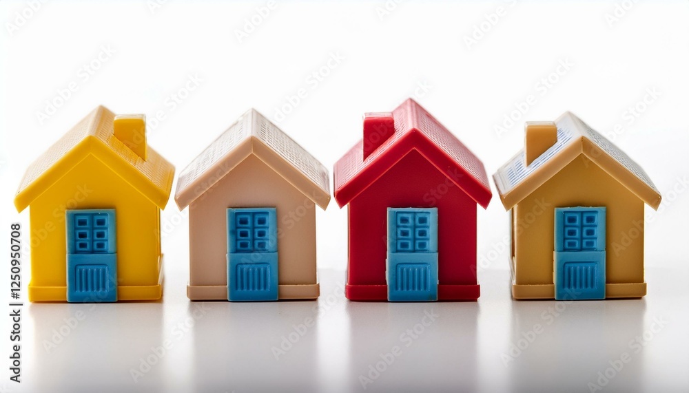 row of miniature toy houses on a white background