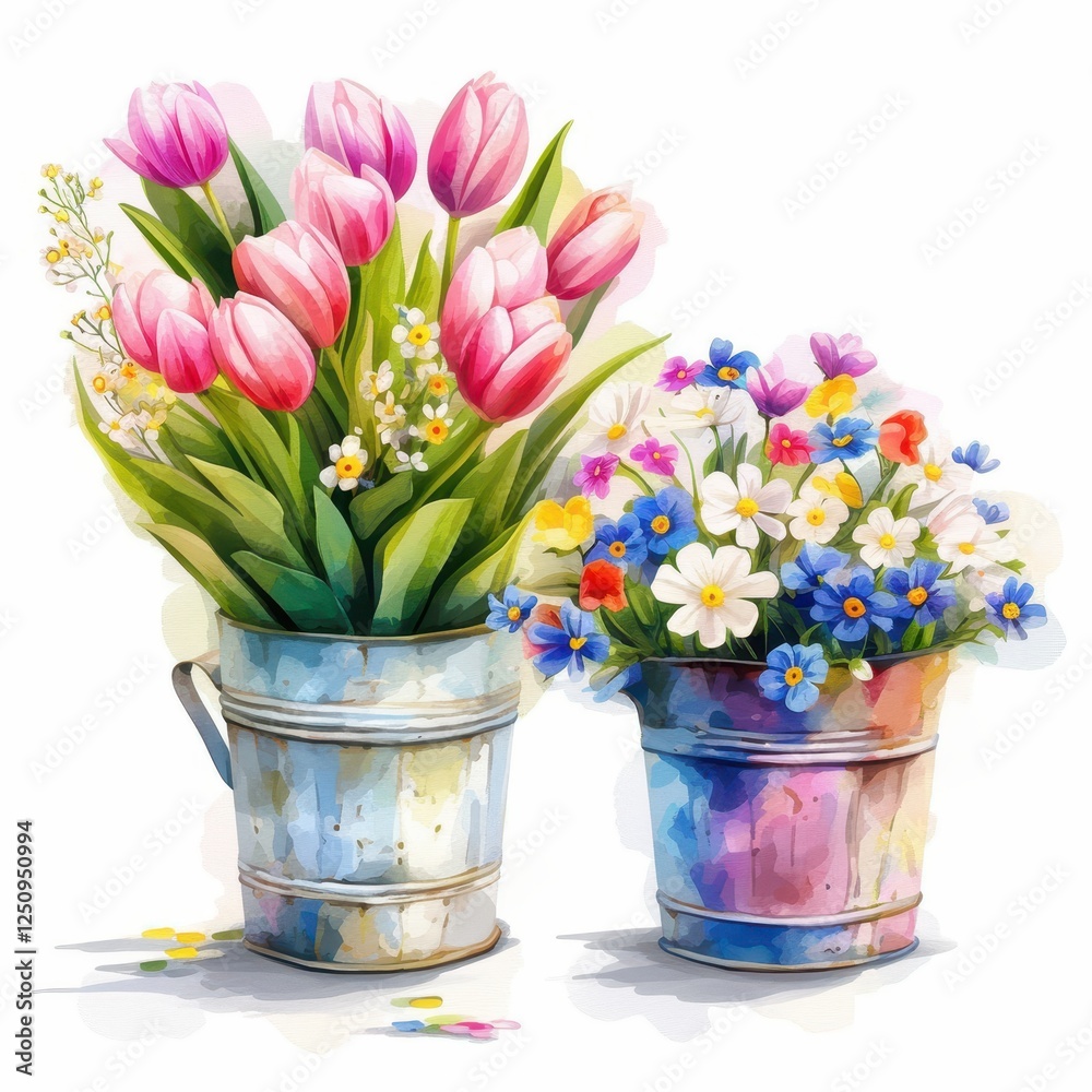 Obraz premium Pink Tulips and Colorful Wildflowers in Rustic Metal Buckets Watercolor Painting