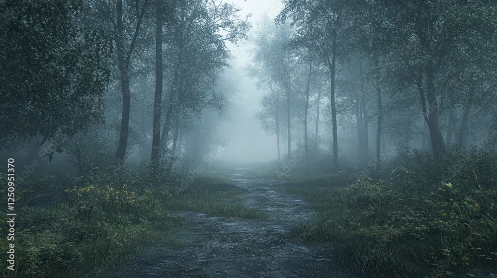 Fototapeta premium Foggy forest path, mystical mood, nature background, game asset
