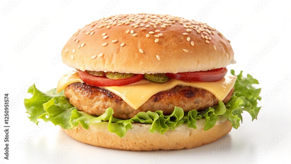 A classic hamburger with a sesame seed bun, a patty, cheese, lettuce, tomato, and pickles is shown against a white background A classic hamburger with a sesame seed bun, a patty, cheese, lettuce, tomato, and pickles is shown against a white background