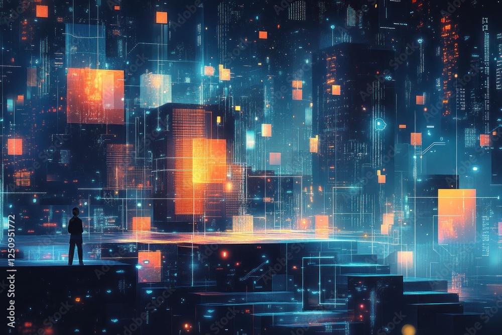 Fototapeta premium Man observes futuristic cityscape data stream, digital transformation