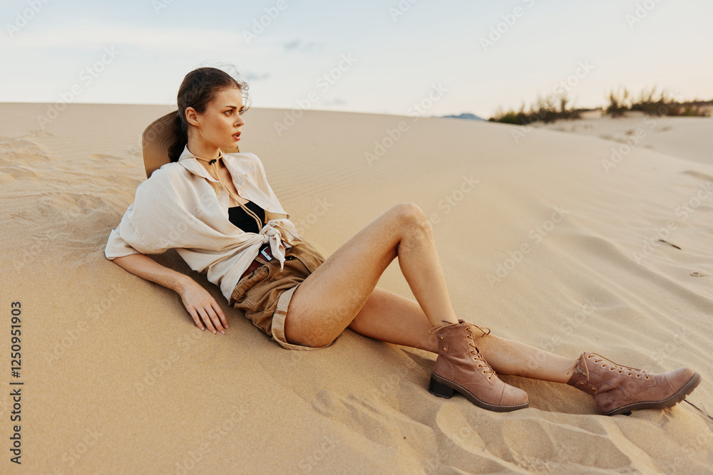 Woman Sitting on Sand Dune Wearing Hat and Boots Enjoying Desert Landscape View Woman Sitting on Sand Dune Wearing Hat and Boots Enjoying Desert Landscape View