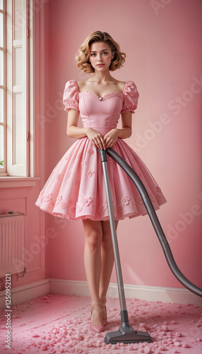 Quirky Retro Pin-Up: Full-Length Blonde in a Voluminous Fancy Dress with Wavy Bob Hair, Striking a Pose with a Vacuum Cleaner