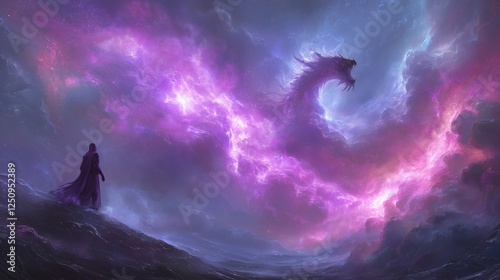 Epic battle between a cosmic dragon and a heroic figure fantasy landscape digital art surreal environment dramatic viewpoint