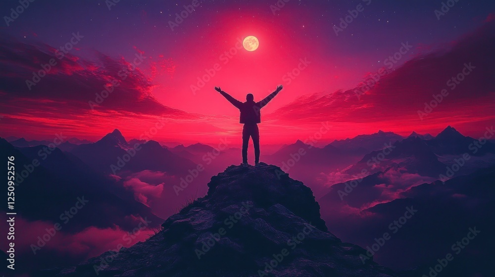 Man celebrating sunset victory atop mountain peak Man celebrating sunset victory atop mountain peak