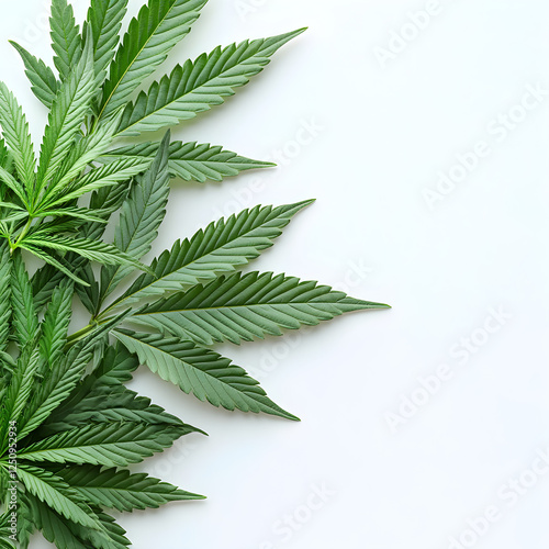 Fresh green cannabis leaves on light background photo