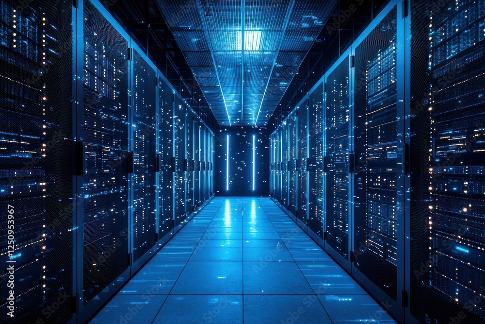 Fototapeta premium Blue-lit server room; data center aisle, network activity, digital future