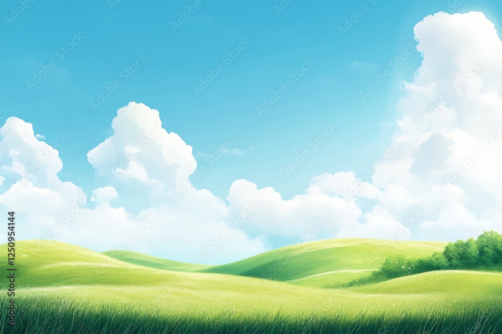 Fototapeta premium Serene Spring Meadow Landscape Under a Sunny Sky