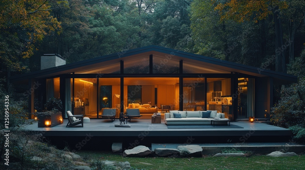 Obraz premium Modern house, dusk, forest, illuminated interior, serene patio