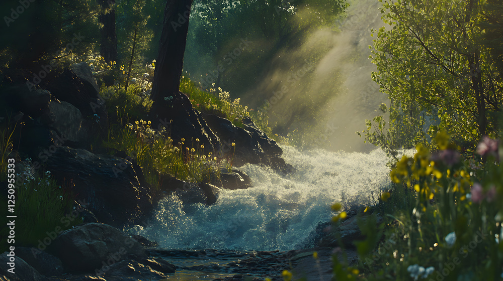 Fototapeta premium Sunlit Waterfall in a Lush Forest