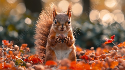 Red squirrel holding nut, autumn leaves, park background, nature wildlife image photo