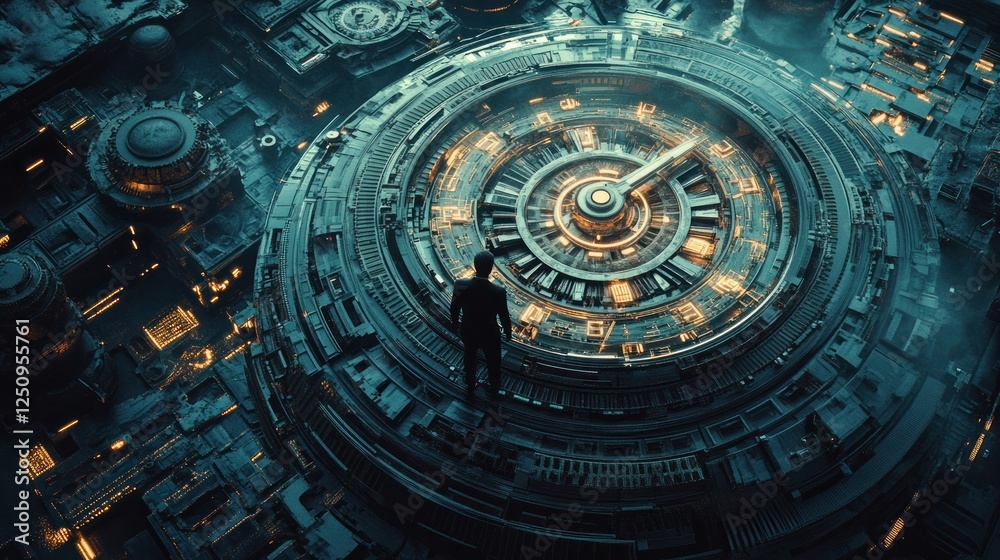 Fototapeta premium Futuristic clock mechanism; person observing; complex background; science fiction concept art