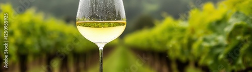 Elegant glass of white wine in vineyard.