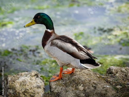 Duck perched on rock by the river.
