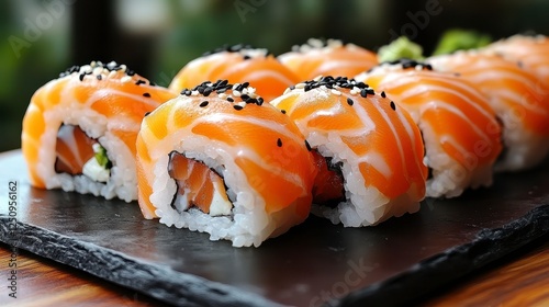 Salmon Sushi Rolls on Slate Plate (1) photo