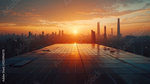 Rooftop sunrise over cityscape.