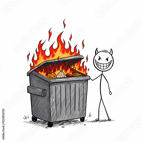 Diabolical evil stick figure meme setting fire to garbage dumpster bin - isolated on white