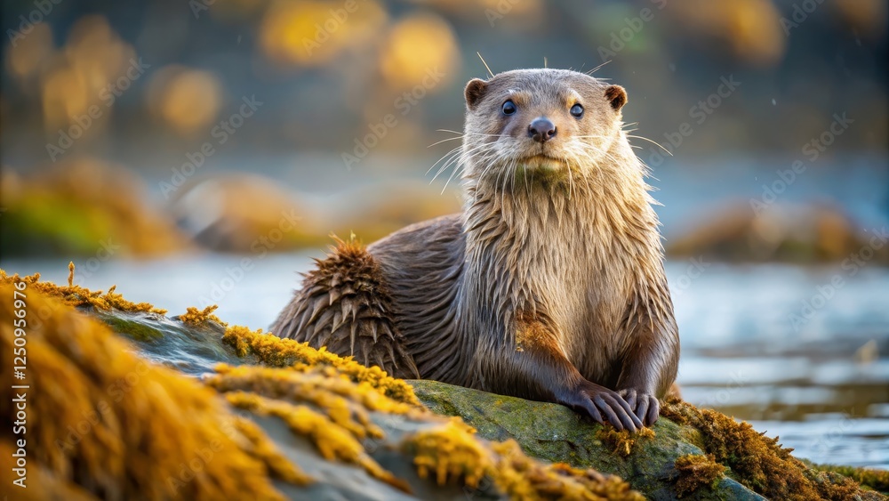 Charming River Otter Resting on a Mossy Rock by Water's Edge Charming River Otter Resting on a Mossy Rock by Water's Edge