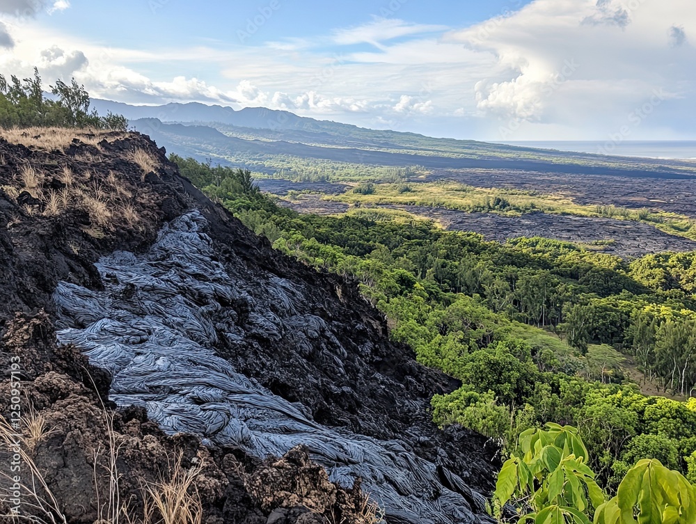 Volcanic lava flow meets lush green forest on a beautiful sunny day Volcanic lava flow meets lush green forest on a beautiful sunny day