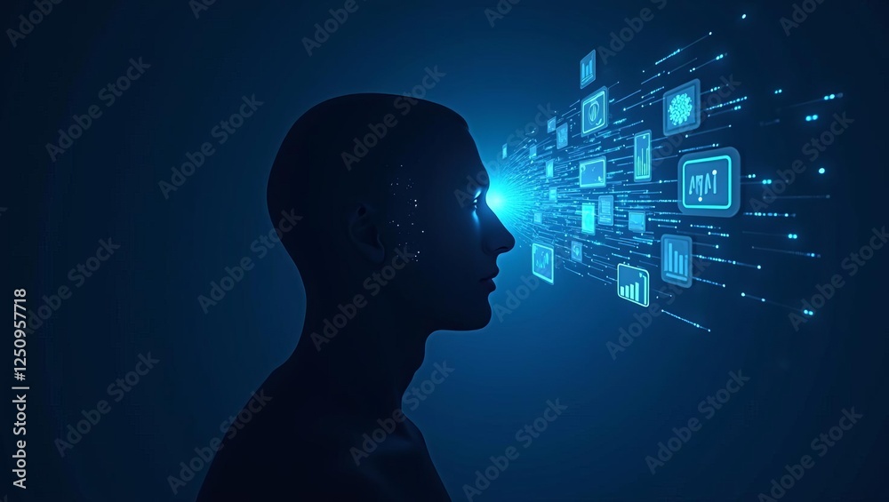 Digital Data Visualization Analytics Concept with Human Silhouette Profile Showing Futuristic Technology Interface Integration and Business Intelligence Dashboard in Blue Cyberspace Environment Digital Data Visualization Analytics Concept with Human Silhouette Profile Showing Futuristic Technology Interface Integration and Business Intelligence Dashboard in Blue Cyberspace Environment