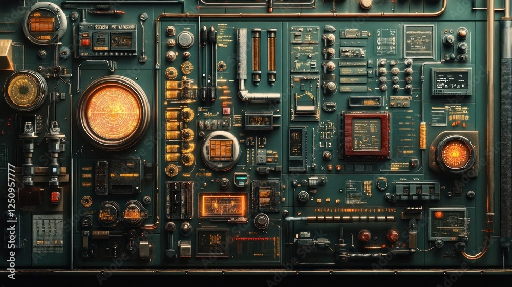 Fototapeta premium Steampunk control panel glowing, futuristic, digital, background, technology