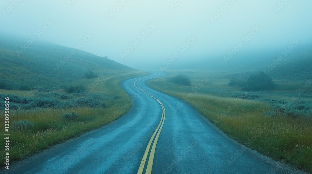 Fototapeta premium Foggy winding road, misty hills, travel journey, scenic background, website banner